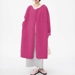 Doppio cappotto lungo da donna in bouclé in pile senza colletto stile orsacchiotto elegante pelliccia sintetica - Product Image 1