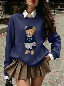 Simpatica felpa pullover con motivo orsetto in stile accademico, tessuto a maglia a maniche lunghe con collo a costine, adatta per l'autunno - Product Image 3