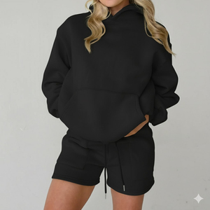 Solid Color <b>Women</b> Hoodie And <b>Shorts</b> Set With Matching Lounge Style Top Custom Logo <b>Women</b> Hoodie And <b>Shorts</b> Set - Product Image 6