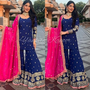 Diseñador indio y paquistaní Heavy Faux Georgette tela ropa de boda Vestido étnico moderno Sharara traje Palazzo Dupatta para mujer - Product Image 1