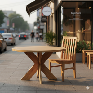 Mesa Redonda Moderna de Madera Maciza Hecha a Mano SOLOBEAT con Base en Forma de X, Ecológica, para Comedor, Hostelería, Uso en Exteriores y Sala de Estar - Product Image 5