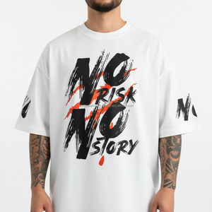 T-shirt graphique pour homme « No Risk No Stor » avec typographie audacieuse à effets de pinceaux, coupe oversize, blanc, streetwear, en coton, logo personnalisé, OEM - Product Image 3