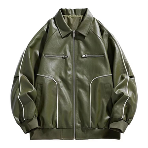 Veste en cuir véritable pour homme, coupe ample, fermeture éclair, coupe-vent, imperméable, à capuche, logo sur le devant, streetwear haut de gamme, fabricant OEM ODM sur mesure - Product Image 1