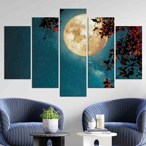 Elegante Impresión en Lienzo de Luna sobre Árbol, Decoración con Vista de Cielo Estrellado, Juego de 5 Lienzos Variados - Product Image 1