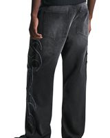 Jeans en denim à jambe large pour homme, noir et gris délavé, taille haute, coupe ample, streetwear, motif de flamme brodé, fabricant OEM personnalisé