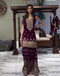 Traje de Georgette Sharara bordado de nuevo diseñador con trabajo bordado de secuencia Stich completo con trabajo de bordado pesado elástico - Product Image 1