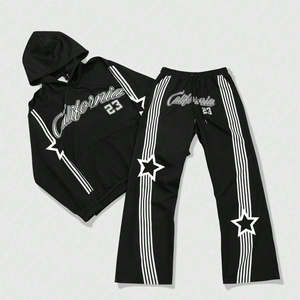 DTG ชุดวอร์มพิมพ์ลายสำหรับผู้ชายเสื้อมีฮู้ดพิมพ์ลายตัวอักษรชุดวอร์มกางเกงขาบานชุดลำลองสตรีทแวร์ - Product Image 1