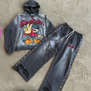 Expu Custom Manufacturer Acid Wash Ensemble de survêtements d'hiver pour hommes, survêtement avec capuche zippée et strass délavés au soleil - Product Image 3