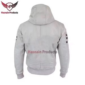 <b>Mens</b> Real <b>White</b> Leather Hooded <b>Jacket</b> Black Racing Stripe Bomber Cowhide Coat Rib Knit Trim Custom Classic Winter Warm Outwear - Product Image 3