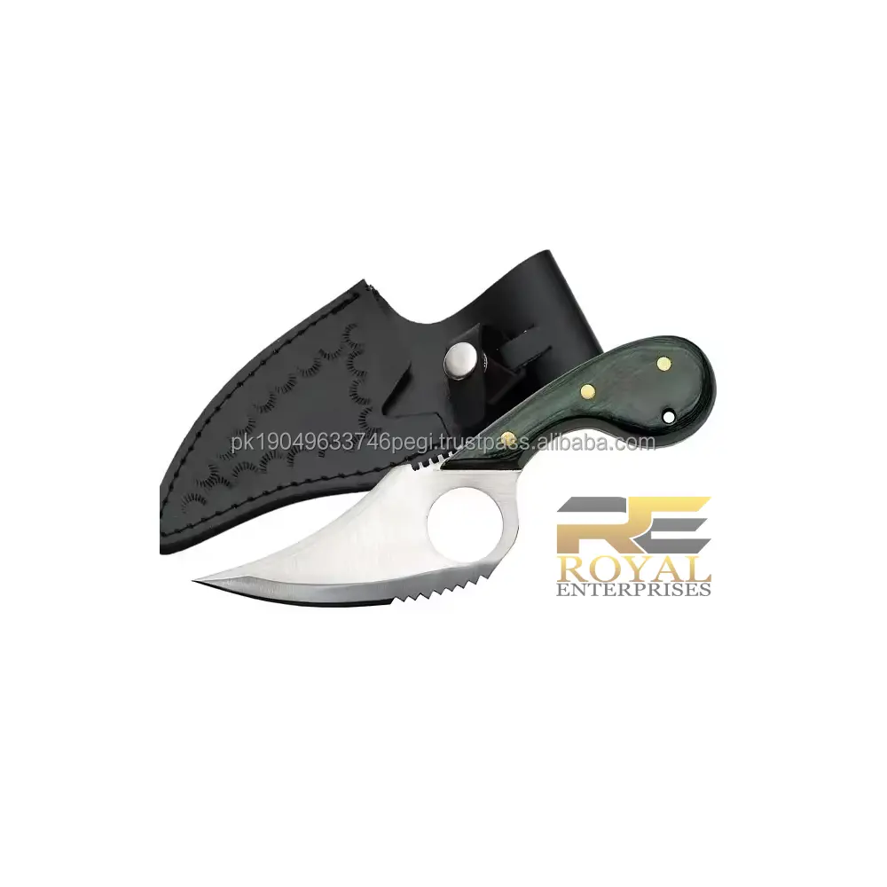 High Quality Handmade Carbon Steel Mini Finger Loop Skinner knife with Ergonomic ABS Handle and Embossed leather sheath