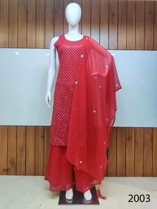 Cómodo uso diario y listo para fiestas Heavy GEORGETTE Bordado Secuencia Trabajo Color rojo Top & Pent con Dupatta para ropa de niñas - Product Image 6