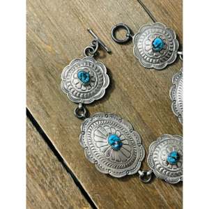 Bobby Francis Kingman Floral Shape Turquoise & Sterling <b>Silver</b> Concho Link <b>Bracelet</b> - Product Image 3
