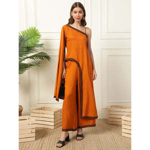 DEEBACO Conjunto de túnica de rayón liso hasta el tobillo con pantalón palazzo para mujer, mono largo de moda, vestido estilo occidental para mujer - Product Image 1