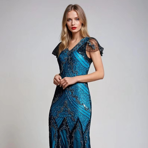 Vestido de cóctel de satén de longitud completa ajustado con cuello en V atemporal bordado perlas recto transpirable ecológico antiestático - Product Image 1