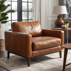 <b>Mid</b> <b>Century</b> <b>Modern</b> Genuine Leather Accent <b>Chair</b> Straight <b>Arm</b> Upholstered Comfy <b>Chair</b> for Apartment Living Room - Product Image 1