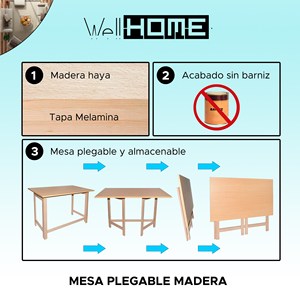 Tavolo da Pranzo Pieghevole in Legno WELL HOME, Finitura Non Verniciata, Dimensioni L.100xP.60x75 - Product Image 2