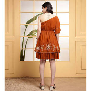 DEEBACO Women's Rayon Knee Length One Shoulder Asymmetric Tiered Embroidered Stylish One Piece <b>Dress</b> - Product Image 4