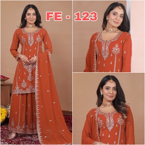 Salwar Kameez de Georgette para Mujer, Estilo Indio, Color Naranja, Bordado, Tradicional, para Bodas y Fiestas, Estilo India-Pakistán, Elegante - Product Image 1