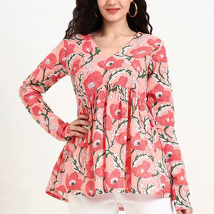 Top Peplum de Algodón con Estampado Floral Rosa para Mujer al por Mayor |   Elegante Blusa Casual Étnica de Manga Larga - Product Image 1
