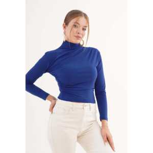 Chemisier bleu marine à col montant avec fronces aux épaules et à la taille en tissu tricoté – Vente en gros - Product Image 5