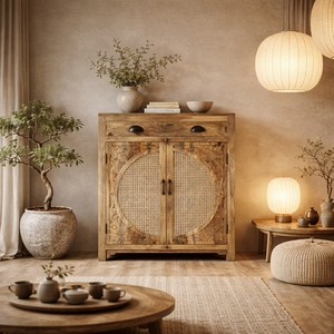 Gabinete de almacenamiento de madera maciza de mango MKJ |   Muebles de Salón de Estilo Japandi de Mediados de Siglo |   Puertas Corredizas de Ratán Talladas a Mano, 2 Unidades - Product Image 4