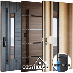 Porta d'Ingresso di Lusso per Esterni <span class=keywords><strong>con</strong></span> <span class=keywords><strong>Vetro</strong></span> e Serratura Intelligente, in Alluminio a Taglio Termico o Legno, Impermeabile e Insonorizzata per Villa, Appartamento, Hotel - Product Image 1