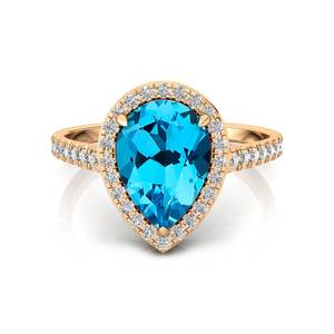 Topacio azul suizo natural, Joyería de diamantes de Halo, anillo de oro macizo rosa de 14K, anillo de Topacio Azul cortado en Pera, Joyería de diamantes ODM naturales - Product Image 1