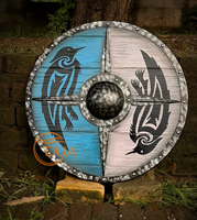 Bouclier Viking avec motif Hugin Munin, finition nickel noir poli, bleu antique et blanc, aspect vieilli, en métal, pour la maison