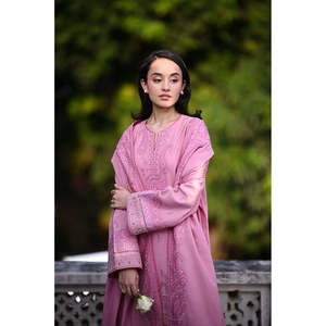 Conjunto de camisa rosa bordada con dupatta de gasa y pantalones palazzo para mujer, ropa informal tradicional india y pakistaní. - Product Image 3