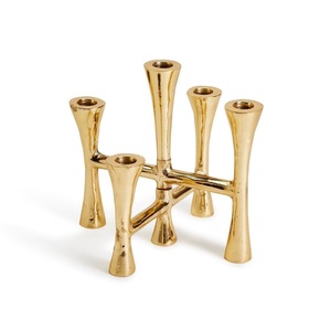 Portavelas decorativo de Laurel dorado con diseño de doble tallo, Motivo de Hoja escultórica y base ovalada - Product Image 5