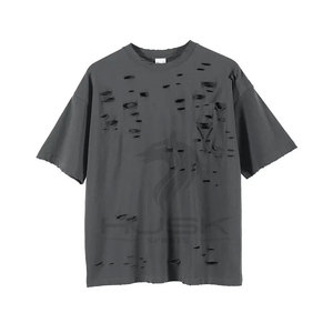 Camiseta de gran tamaño para hombre de High Street 100% algodón con logotipo personalizado, ropa de calle de punto con agujeros de corte únicos - Product Image 2