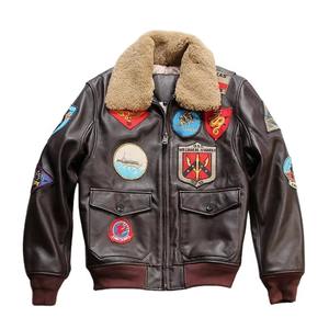 Veste aviateur en cuir de vachette G1 pour homme Offre Spéciale Veste en cuir brodée à col en fourrure d'agneau - Product Image 1