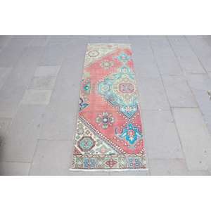 Alfombra Vintage de 1.9x5.9 pies, Alfombra Turca Abstracta de Lana Roja y Azul - Product Image 1