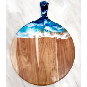 Tabla de Cortar Redonda de Madera de Acacia y Resina de Lujo, Diseño de Olas del Océano, Tabla de Queso de Resina, Tabla de Cortar Ecológica con Mango - Product Image 1