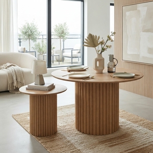 <b>Rustic</b> Round Wooden <b>Coffee</b> <b>Table</b> Fluted Base Balinese Handcrafted Living Room Tea Desk Indoor Furniture Home Decoration Item - Product Image 3