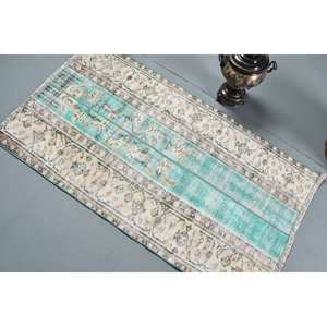 Alfombra turca vintage de 2,6x4,7 pies, hecha a mano, respetuosa con el medio ambiente, azul, Beige, lana, pila mediana, forma Rectangular, patrón abstracto, comedor, látex - Product Image 4