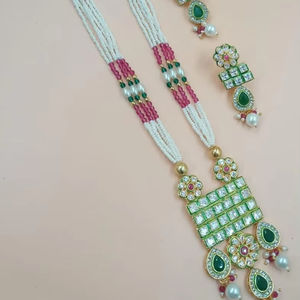 Indian Fancy Traditional Motipearl Drop & Kundan Long Mala Pendent Necklace <b>Set</b> GoldTone Kundan <b>Pearl</b> Long Necklace Earring <b>Set</b> - Product Image 1