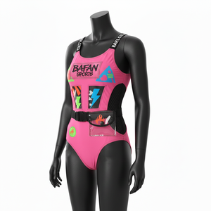ชุดว่ายน้ำผู้หญิงผ้าโพลีเอสเตอร์ผสมสแปนเด็กซ์พรีเมียม สีชมพูนีออน ดีไซน์แผงสี พร้อมโลโก้แบบซับลิเมชั่นสั่งทำพิเศษ - Product Image 4
