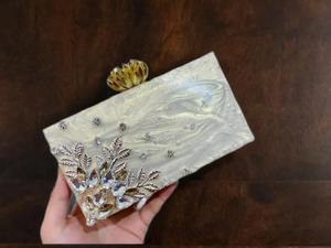 Traditional Indian Resin <b>Clutch</b> Purse <b>Pearl</b> Marble Finish Elegant Handmade Eco-Friendly Chain Strap for Weddings Cultural - Product Image 4