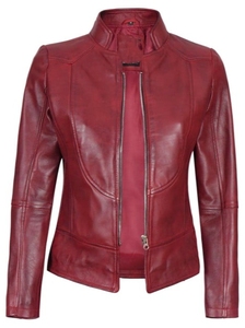 Maroon Winter Best Selling Women Cow <b>Skin</b> Leather Jacket with Stand Collar Knitted Breathable Design - Product Image 6