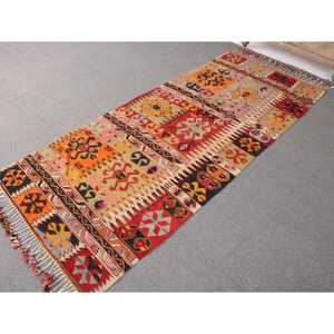 Turkish Area Rug 3.3x7.5 ft, <b>Red</b> Floral Vintage <b>Wool</b> Rug - Product Image 2