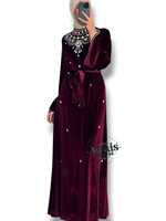 Importiertes Samt-Kristall-Pailletten-Perlen-Kleid, bodenlang, langärmlig, schlicht, A-Linie, mit integriertem BH, Abaya-Kaftan-Kleid für Eid