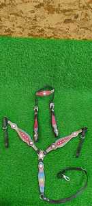 <b>Leather</b> horse breastplate western tack chest collar concho studded bead pattern <b>harness</b> adjustable strap riding halter set - Product Image 2