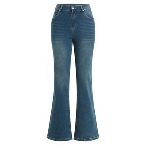 Pantalones de mezclilla lavados de diseño acampanado de algodón 100% Premium para mujer, transpirables con estilo personalizado con decoraciones de lazo y encaje - Product Image 2