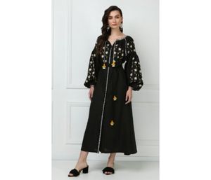 Robe à manches longues et col en v pour femme, robe à franges de style oriental avec broderie étoilée - Product Image 1