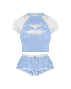 High Quality Cotton Blue White Panel <b>Booty</b> Shorts Set Breathable Screen Print Custom Logo 100% Cotton T shirt and <b>booty</b> short - Product Image 1