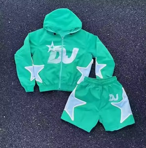 OEM ODM Custom Printed Casual Autumn 2-Piece Windbreaker <b>Short</b> Set <b>Zip</b> Hooded Waterproof Breathable Fleece Anti Shrink - Product Image 1