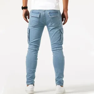 Jean pour homme de couleur unie, pantalon cargo en denim multi-poches, taille moyenne, slim fit, tenue quotidienne pour printemps automne - Product Image 4