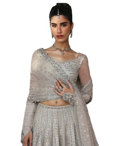 Vestido de Novia Pakistaní Premium Azul Hielo Brillante con Cuerpo Adornado con Cristales Densos e Intrincados Detalles Plateados - Product Image 1