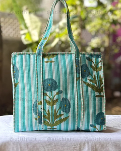 Cotton Quilted <b>Tote</b> <b>Bag</b> Soft Padded Reusable Eco Friendly Lightweight Shopping <b>Travel</b> Daily Carry ATITHI ART Zipper Closure - Product Image 2